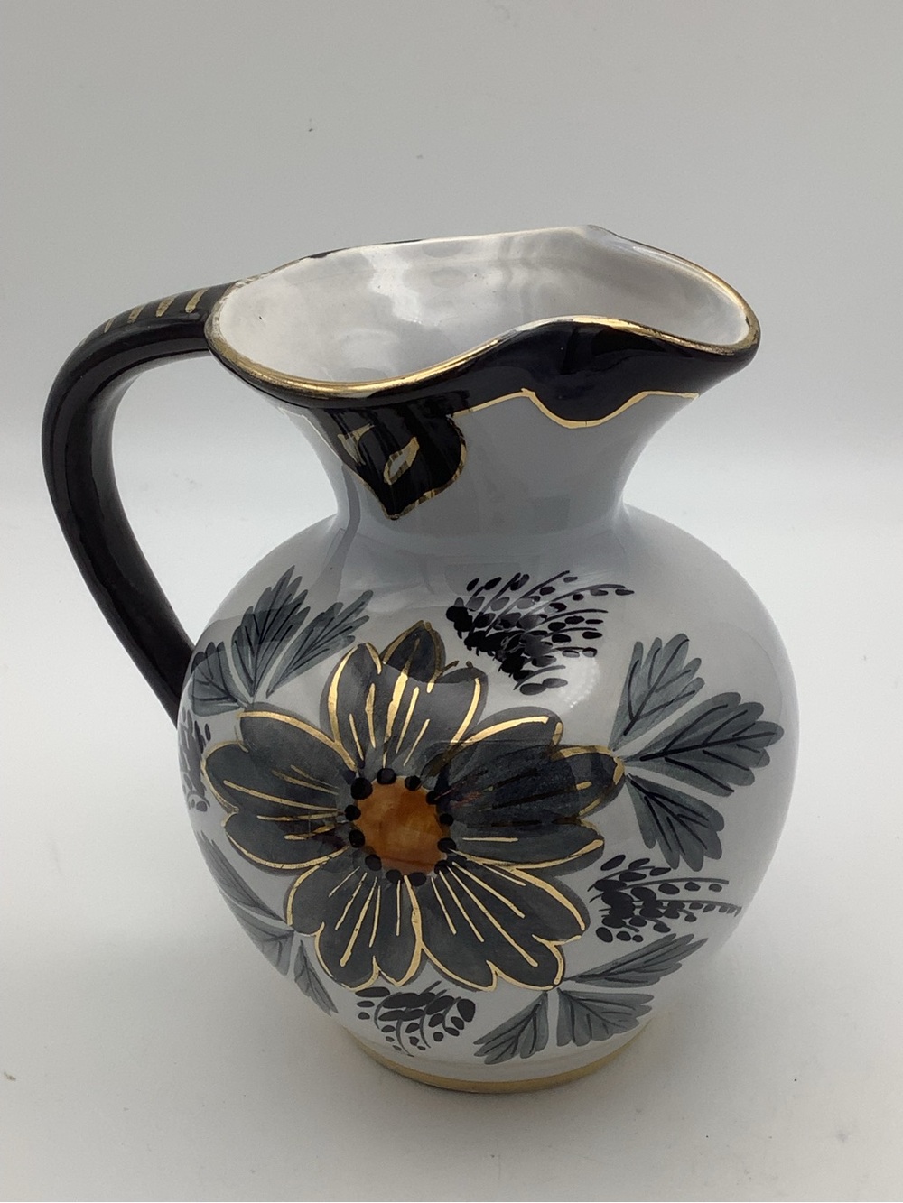 Hand-Painted Holland Floral Ceramic Pitcher in White, Black & Gold